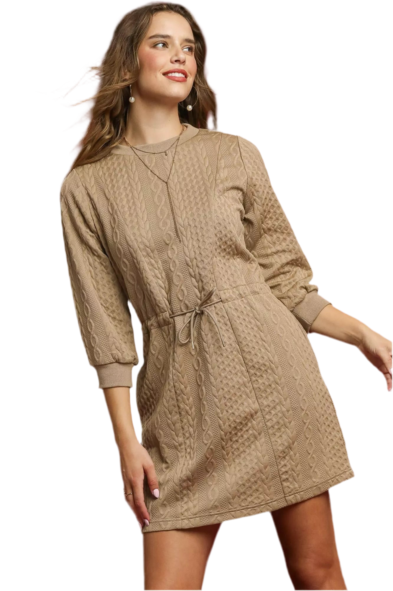 Drawstring Cable Knit Mini Dress with Pockets